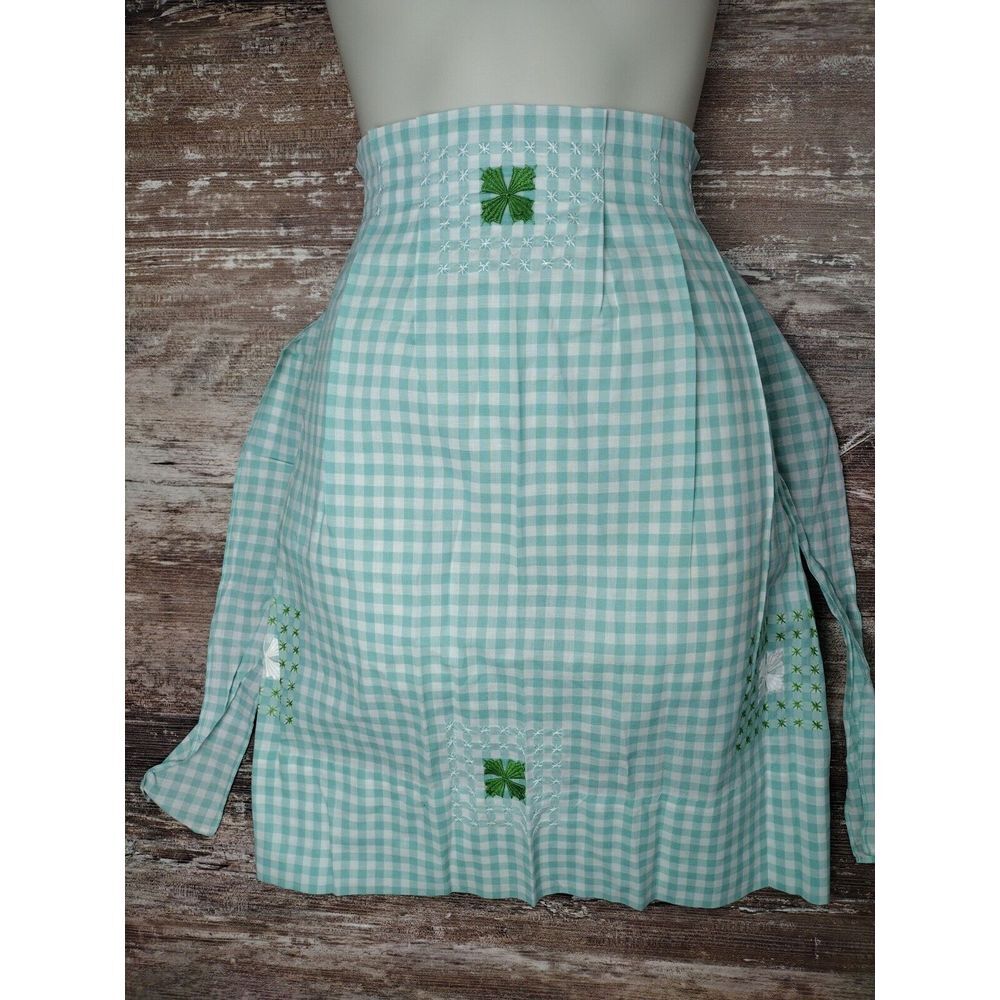 Vintage Half Apron Blue White Gingham Rick Rack Trim 1950 Handmade Pocket MCM